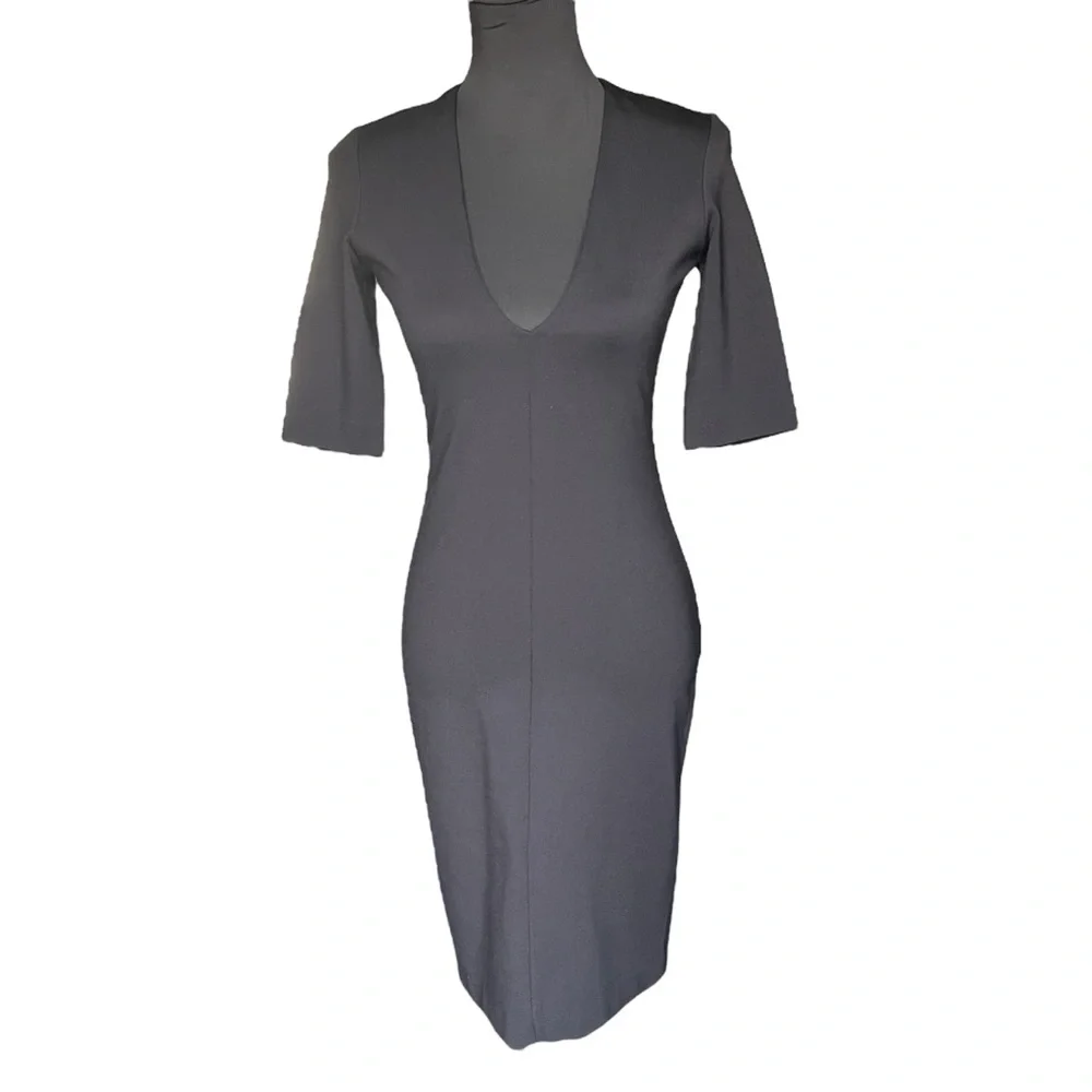 Aritzia Babaton Black V-Neck Elbow Sleeve Leon Midi Bodycon Dress (2) - Picture 4 of 15